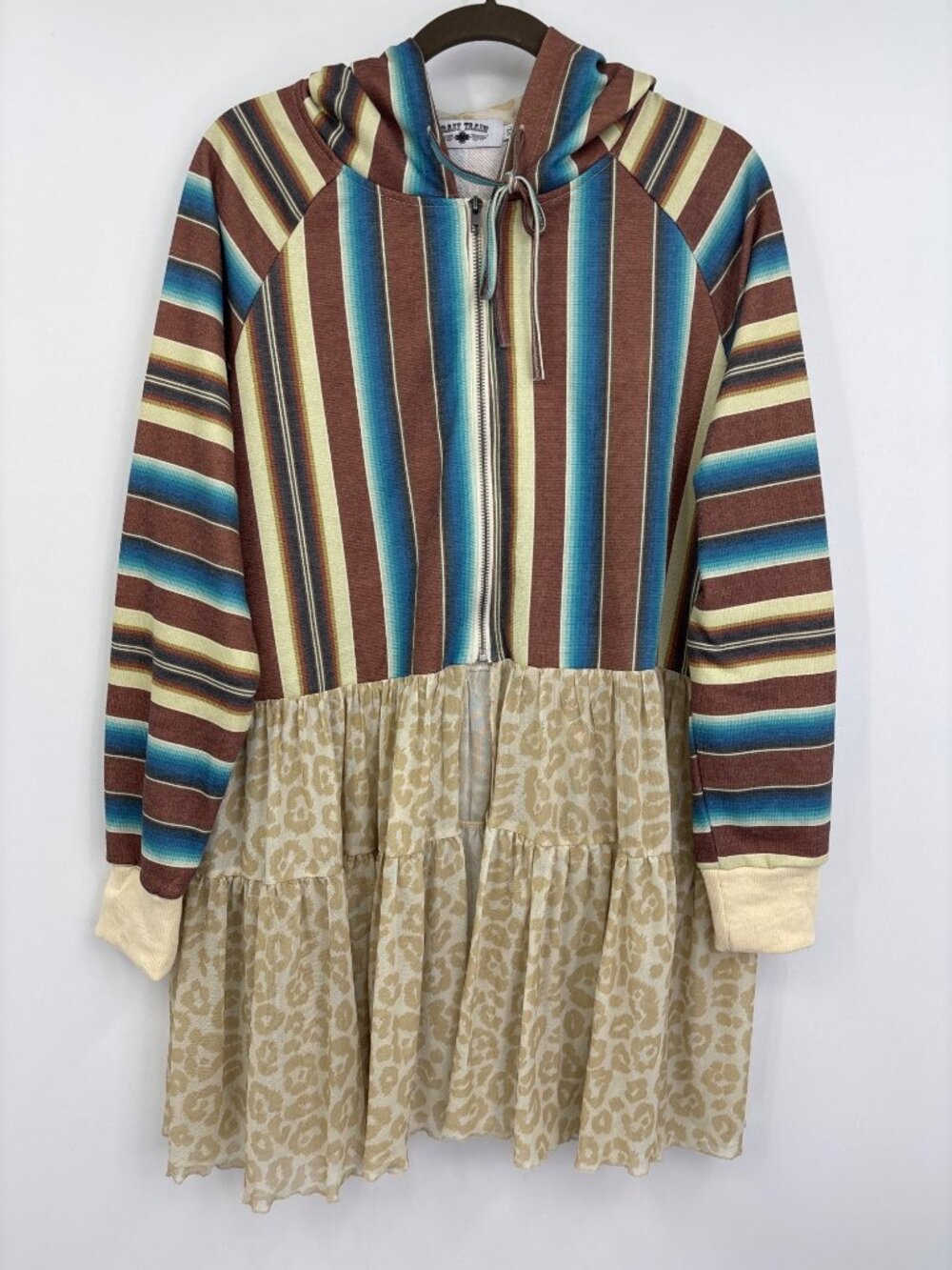Crazy Train Western Boho Hooded Zip Jacket Tan Brown Size XL